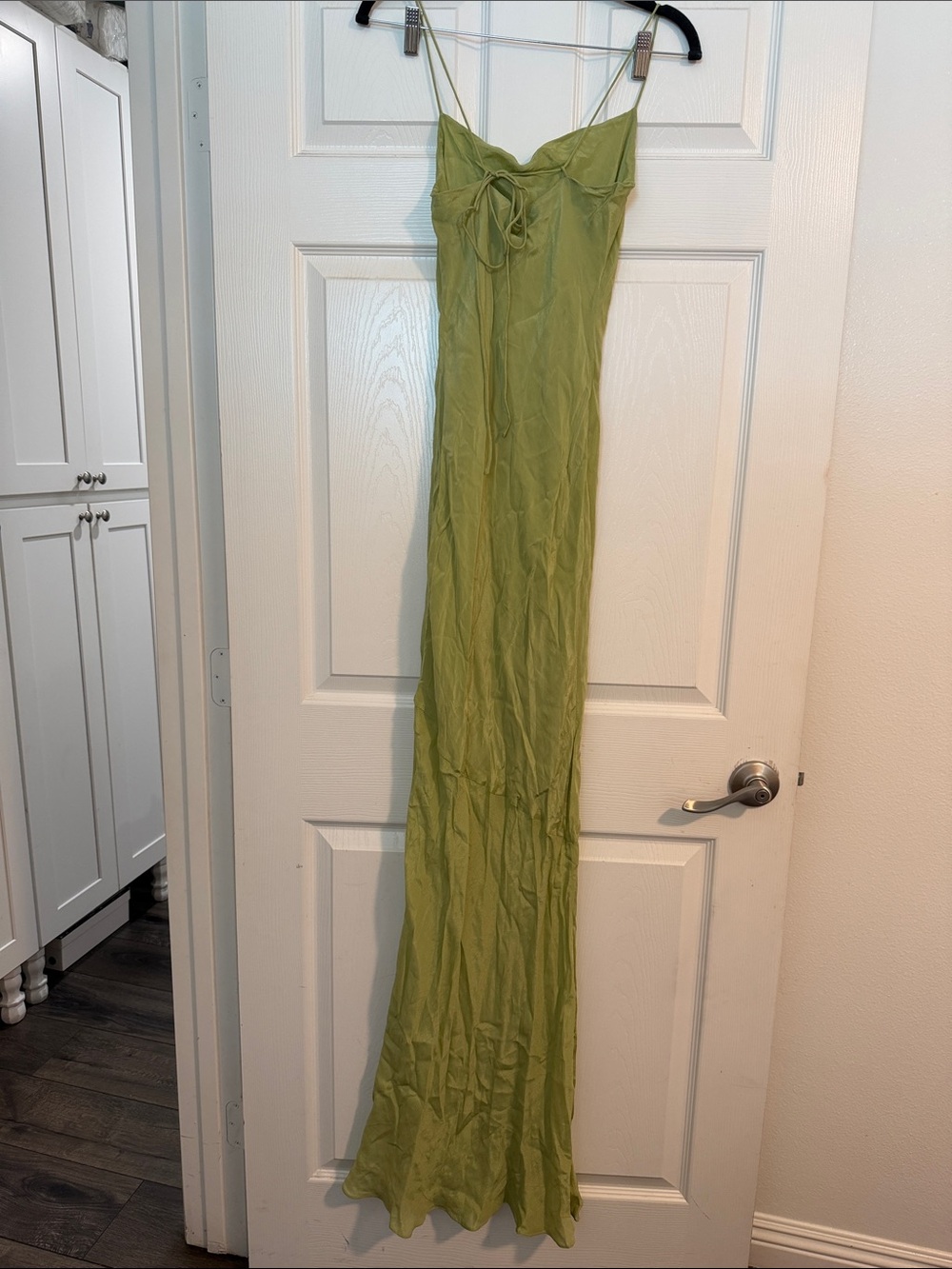 Light Olive Green Slip Maxi Dress with Spaghetti Straps - Picture 4 of 5